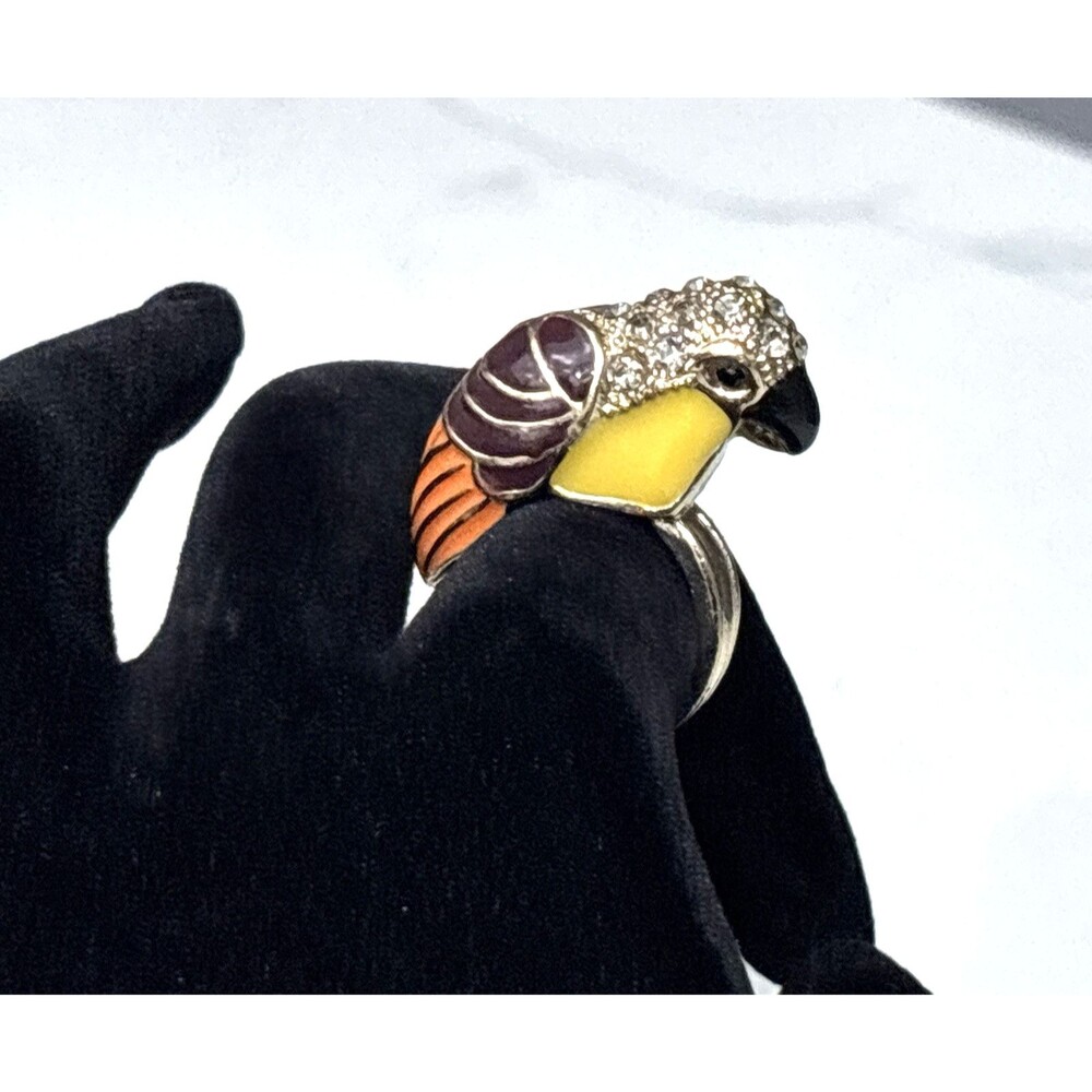 Vintage Parrot Ring Gold Tone Enamel Rhinestone Tropical Bird Statement 6.5